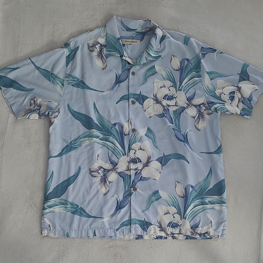 Tommy Bahama Silk Hawaiian Shirt Men XL Blue Floral Camp Short Sleeve Travel